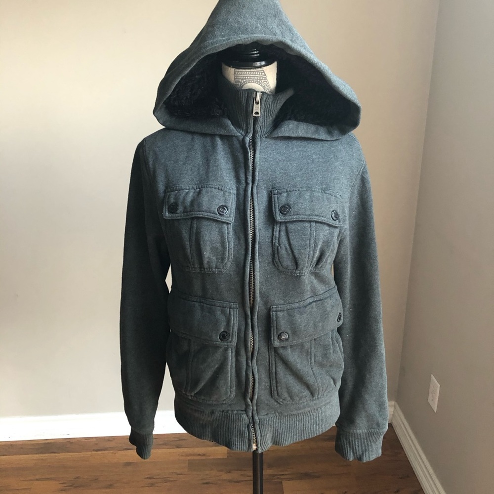 Women's grey zip up furry lined hooded jacket XS
